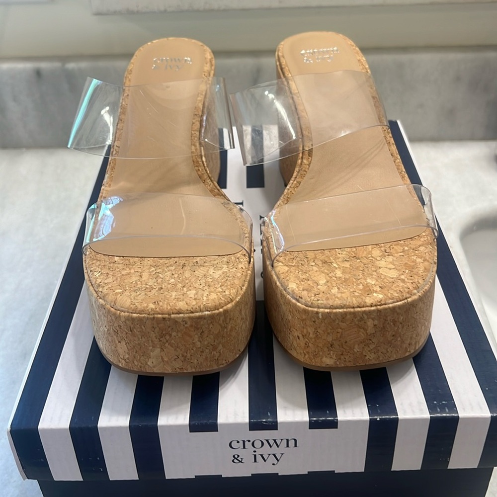 Crown & Ivy Clear Wedge Sandals Heels 7.5 “Felicia”